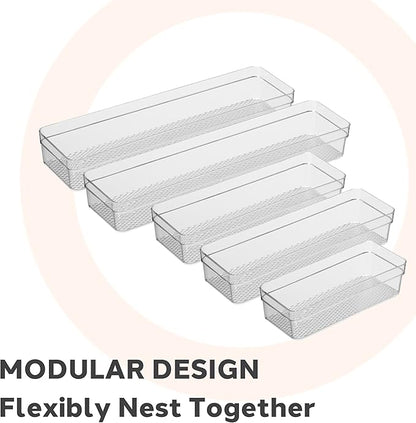 Oggi Set of 5 Clear Drawer Organizers - (1) 3x6.25, (2) 3x9.5, (2) 3x12.5 - Ideal for Organizing Kitchen Drawers, Office, Desk, Silverware, Kitchen Utensils, Cosmetics and Bathrooms