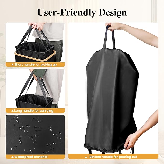 Foluck Large Laundry Hamper, 75L Waterproof Laundry Basket with Lid and Removable Bag, Collapsible Tall Clothes Hamper with Bamboo Handles for Clothes Toys in Dorm Bedroom Bathroom, Black