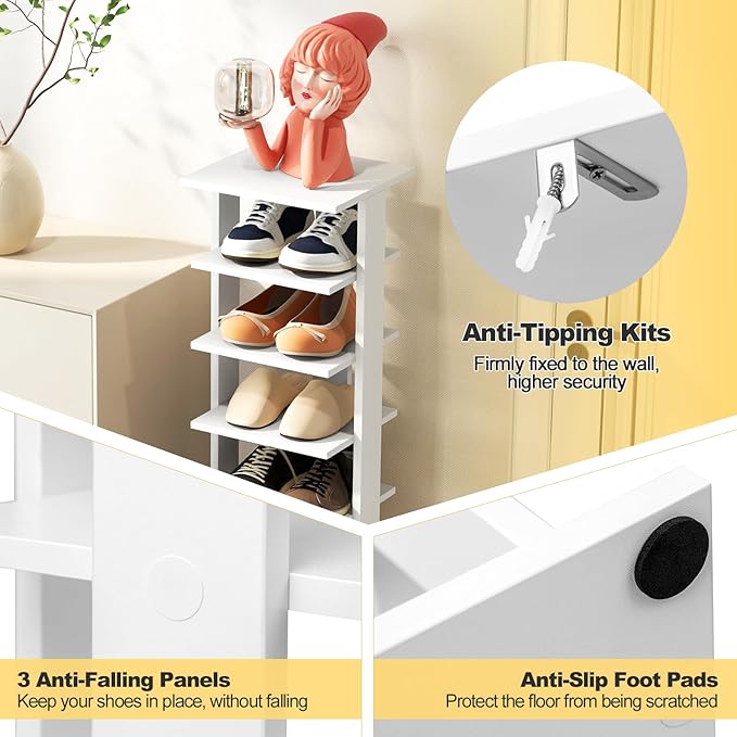BETTARY 8 Tier Vertical Shoe Rack, Narrow Wooden Corner Shoe Organizer for Small Spaces, Removable Shelves, Anti-toppling Device, Shoe Tower for Entryway, Closet, Bedroom (White, Single Row)