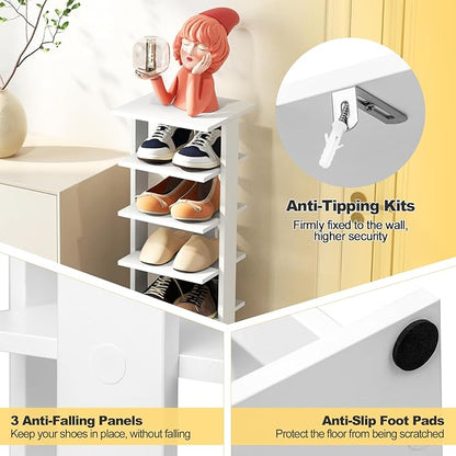 BETTARY 8 Tier Vertical Shoe Rack, Narrow Wooden Corner Shoe Organizer for Small Spaces, Removable Shelves, Anti-toppling Device, Shoe Tower for Entryway, Closet, Bedroom (White, Single Row)