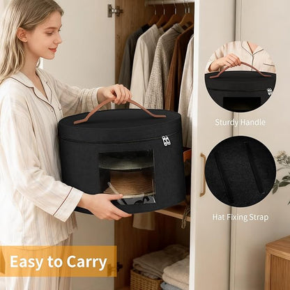 Samplife Hat Box,Hat Storage Box,Stackable Round Brim Hats Organizer Bag Container for Closet,Travel Hat Boxes for Women, Cowboy Hat Organizer, FoldableTravel Cap Boxes (02-Black, 16.5" D x 10.5" H)