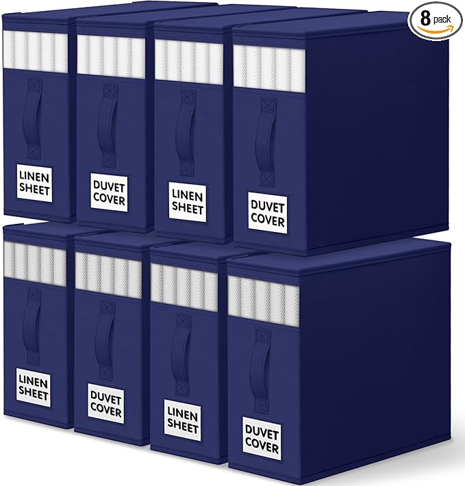 WOWBOX Sheet Organizers and Storage,Closet Bed Sheet Organizer Under Bed Storage and Organization with Label Cards & Clear Window for Bedding Sheets,Duvet Covers,Blankets (8 Pack，Blue)