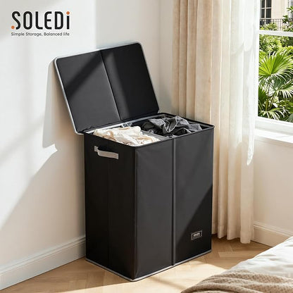 SOLEDI Double Laundry Hamper with Lid and Removable Laundry Bags,Divided Laundry Bin - Large Clothes Hamper 2 Section - Collapsible Laundry Baskets for Bedroom, Bathroom, Laundry Room,Black