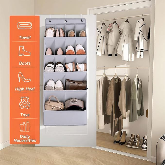 over the Door Shoe Organizer, Hanging Shoe Organizer with 15 Large Deep Pockets, Narrow Shoe Rack for Door Hanging Boots Storage, Dorm Room Essentials, Grey 11 Grid
