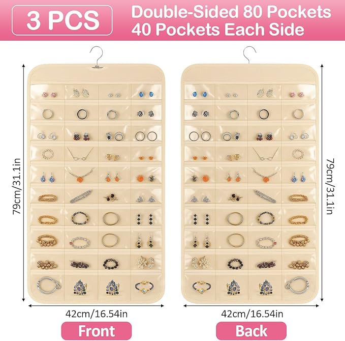 3 Pack Hanging Jewelry Organizer, 80 Clear Pockets earring organizer and storage, Accessories holder organizer for Closet, Jewelries, Necklace, Travel