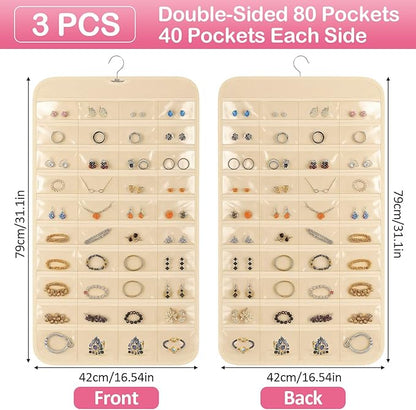 3 Pack Hanging Jewelry Organizer, 80 Clear Pockets earring organizer and storage, Accessories holder organizer for Closet, Jewelries, Necklace, Travel