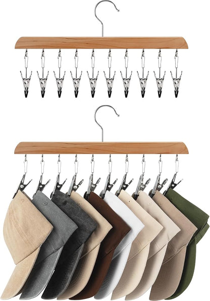 StorageWorks Hat Rack, Closet Organizer and Storage for Baseball Caps,Set of 2 with 10 Adjustable Stainless Steel Clips, Fits All Caps, Natural Wood Color