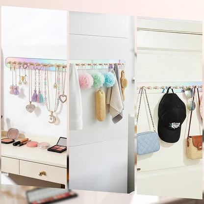 Iridescent Acrylic Necklace Holder Wall Mount, Adhesive Jewelry Organizer with Hooks, 5mm Thick Heavy Duty Hanging Chain Rack for Bathroom, Closet, Door & Dressing Table, 2 Pack