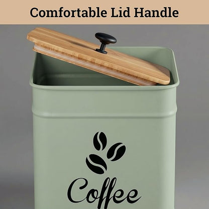 Airtight Coffee Canister - 40 oz Large Iron Sage Green Container Airtight - 6 x 8 inch Metal Jar - Stylish Countertop Container for Coffee Grounds, Beans & Pods with Rubber-Lined Bamboo Lid