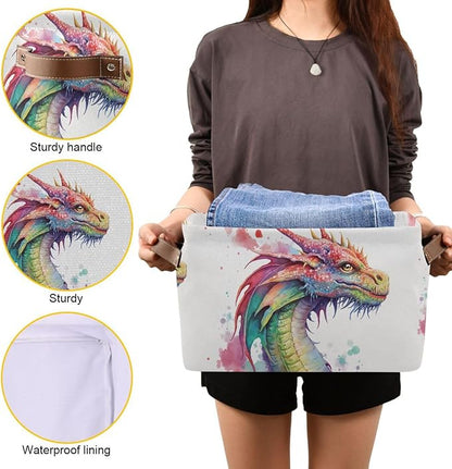 Large Storage Basket Watercolor Dragon Cube Storage Bin Canvas Fabric Organizer Handles Collapsible for Clothes Toys Bedroom Decorative