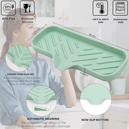 YASMEN Silicone Bathroom Soap Dishes, Sink Sponge Holder for Kitchen, Rubber Soap Dish with Drain, Shower Soap Sponge Tray, Sink or Counter Organizer, for Bar Soap, Bottle, Dish Soap Dispenser- Green