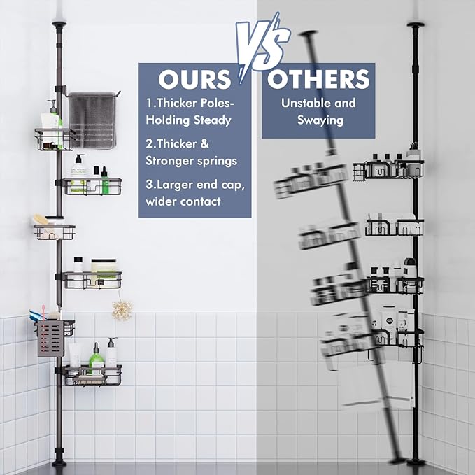 Vatex Corner Shower Caddy Tension Pole,Adjustable 30-120 Inch Bathroom Organizer Storage,Rustproof 6-Tier Shower Corner Shelves,Towel Rack, Toothbrush Holder, Soap Dish Organizers