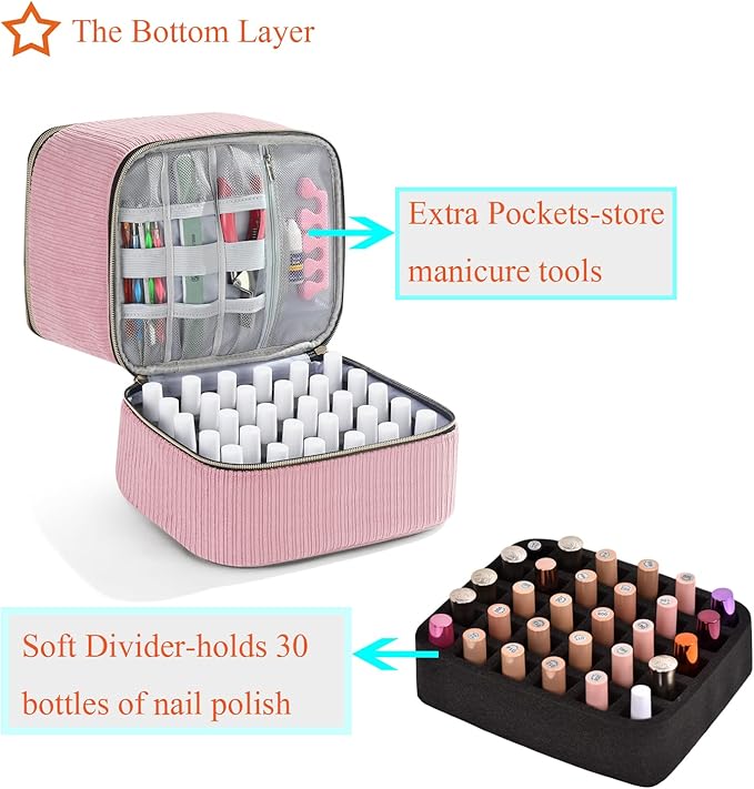 Corduroy Nail Polish Organizer and Nail Lamp Case, Nail Kit Organizer Holds 30 Bottles (15ml - 0.5 fl.oz) and a Nail Lamp, Nail Polish Carrying Case with Manicure Tools Storage Sections (Pink)