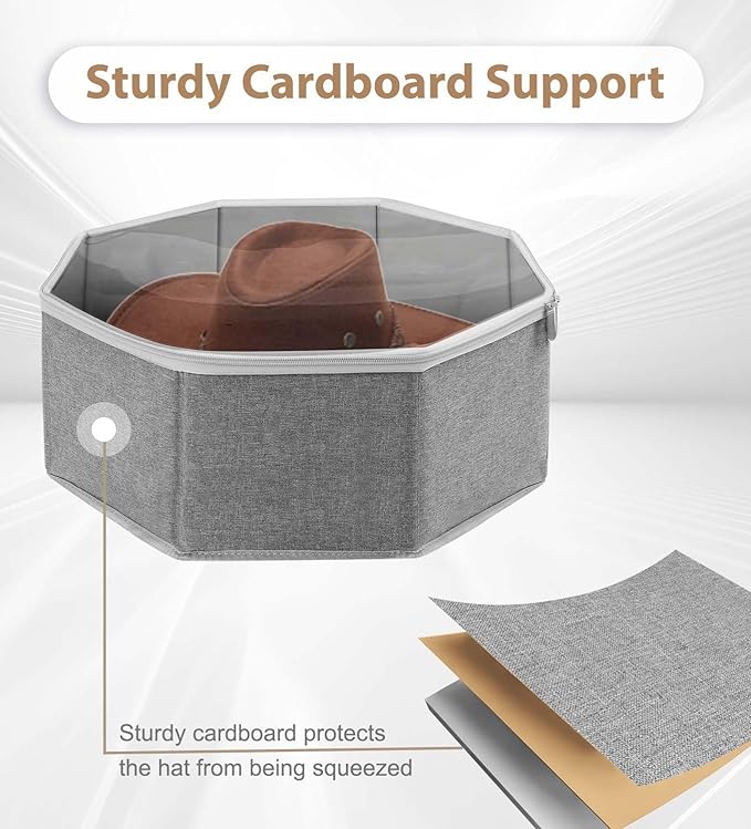 Livelab Hat Box for Travel & Home Storage, Side Reinforced Octagonal Hats Organizers, Crush-proof, Dust-proof Hat Boxes Holder Closet Storage for Cowboy, Panama & Fedora Hats | Grey