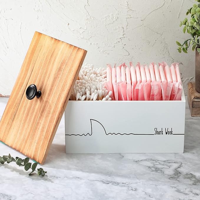Hoolerry Wood Tampon Holder for Bathroom Farmhouse Pad and Tampon Organizer Feminine Product Organizer Rustic Storage Container for Bathroom Countertop(Simple Style)