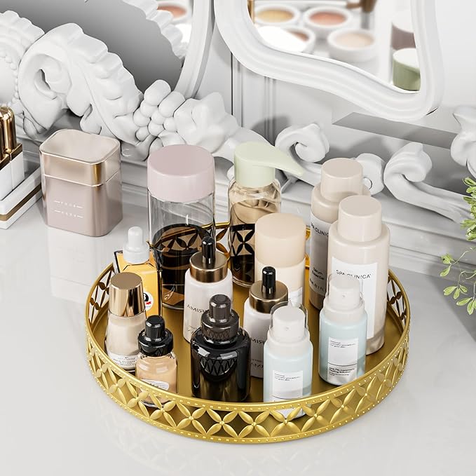 EKNITEY Bathroom Counter Vanity Tray - Perfume Makeup for Dresser Tops Gold Round Serving Candle Decorative Storage Home Decor 11'' Floral-gold