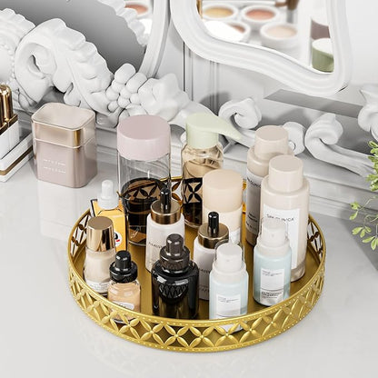 EKNITEY Bathroom Counter Vanity Tray - Perfume Makeup for Dresser Tops Gold Round Serving Candle Decorative Storage Home Decor 11'' Floral-gold