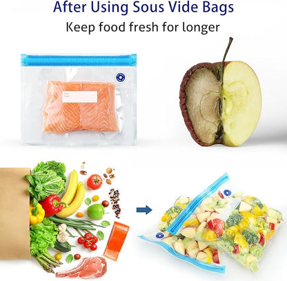 Sous Vide Bags 31 Pcs (24 Pcs Vacuum Zipper Bags & 2 Seal Clips & 5 Air Valves),Reusable BPA Free Vacuum Sealer Bags Vacuum Food Storage Bags for Cooking/Food Storage/Microwave Heating