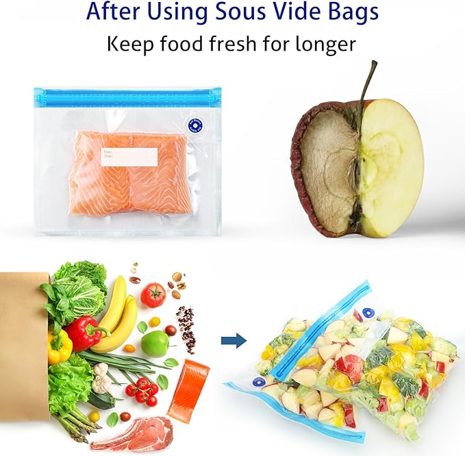 Sous Vide Bags 31 Pcs (24 Pcs Vacuum Zipper Bags & 2 Seal Clips & 5 Air Valves), Reusable BPA Free Vacuum Sealer Bags (11 * 10 in) Vacuum Food Storage Bags for Cooking/Food Storage/Microwave Heating