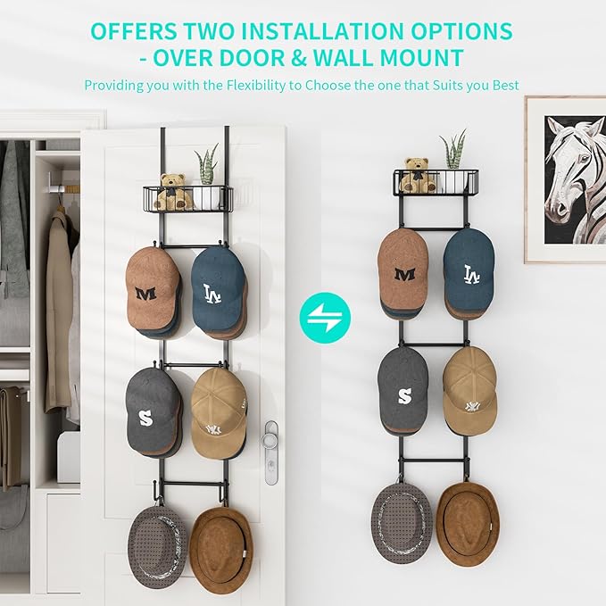 HapiRm Over Door Hat Rack - 2 Packs Wall Mounted Hat Holder with 6 Hooks and Metal Basket Design, Baseball Cap Organizer Storage Up to 32 Caps for Door, Bedroom, Closet, Black