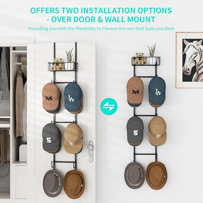 HapiRm Over Door Hat Rack - 2 Packs Wall Mounted Hat Holder with 6 Hooks and Metal Basket Design, Baseball Cap Organizer Storage Up to 32 Caps for Door, Bedroom, Closet, Black