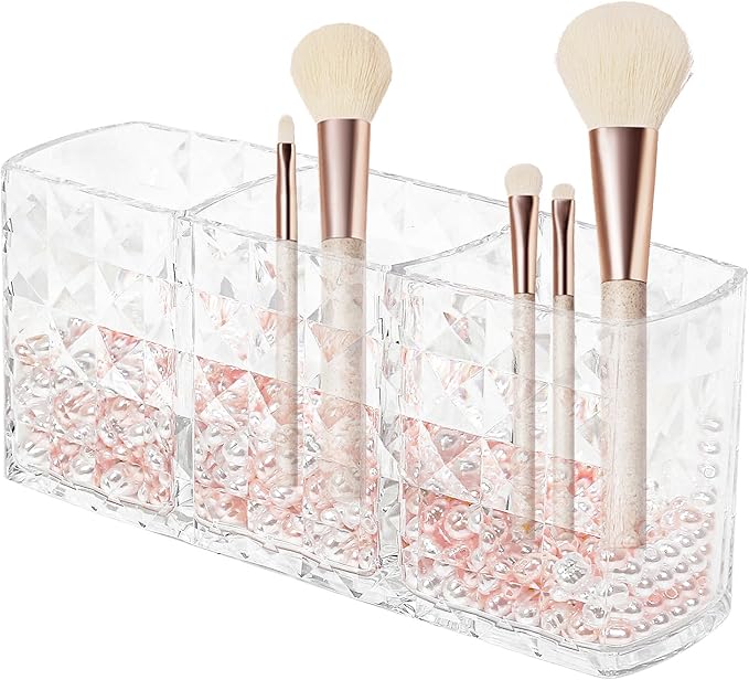 Makeup Brush Holder 3 Slots Acrylic Clear Hair Brush Holder with Pink and White Pearls, Makeup Organizer Brushes for Vanity Office and Bathroom