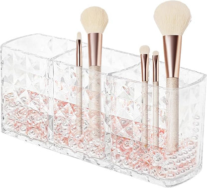 Makeup Brush Holder 3 Slots Acrylic Clear Hair Brush Holder with Pink and White Pearls, Makeup Organizer Brushes for Vanity Office and Bathroom
