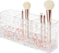 Makeup Brush Holder 3 Slots Acrylic Clear Hair Brush Holder with Pink and White Pearls, Makeup Organizer Brushes for Vanity Office and Bathroom