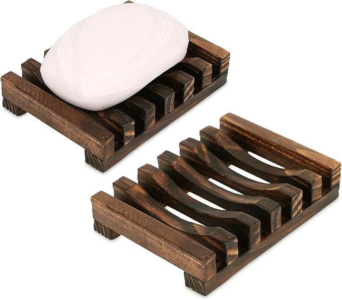 Anwenk Soap Dish Wooden Soap Saver Holder Soap Tray for Bathroom Shower Rectangular Sink Drainer Hand Craft for Soap,Sponges and More (2 Pack)