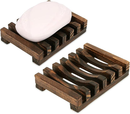 Anwenk Soap Dish Wooden Soap Saver Holder Soap Tray for Bathroom Shower Rectangular Sink Drainer Hand Craft for Soap,Sponges and More (2 Pack)