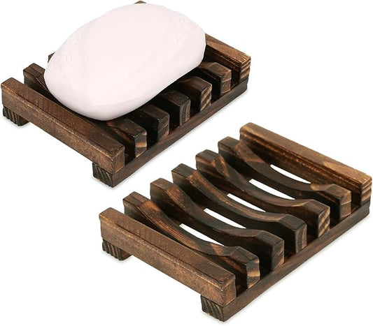 Anwenk Soap Dish Wooden Soap Saver Holder Soap Tray for Bathroom Shower Rectangular Sink Drainer Hand Craft for Soap,Sponges and More (2 Pack)