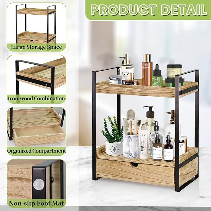 Ukonvi 2-Tier Bathroom Organizer Countertop with Drawer, Wood Counter Shelf for Storage, Vanity Tray for Organization and Decor, Countertop Organizer for Bathroom, Kitchen, Office (Brown)