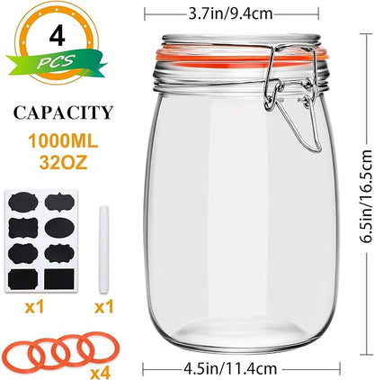 32 oz Wide Mouth Mason Jars with Airtight Hinged Lids, Large Glass Jar with Lid for Pickling, Fermentation, Canning, Food Storage – Set of 4 Glass Storage Containers