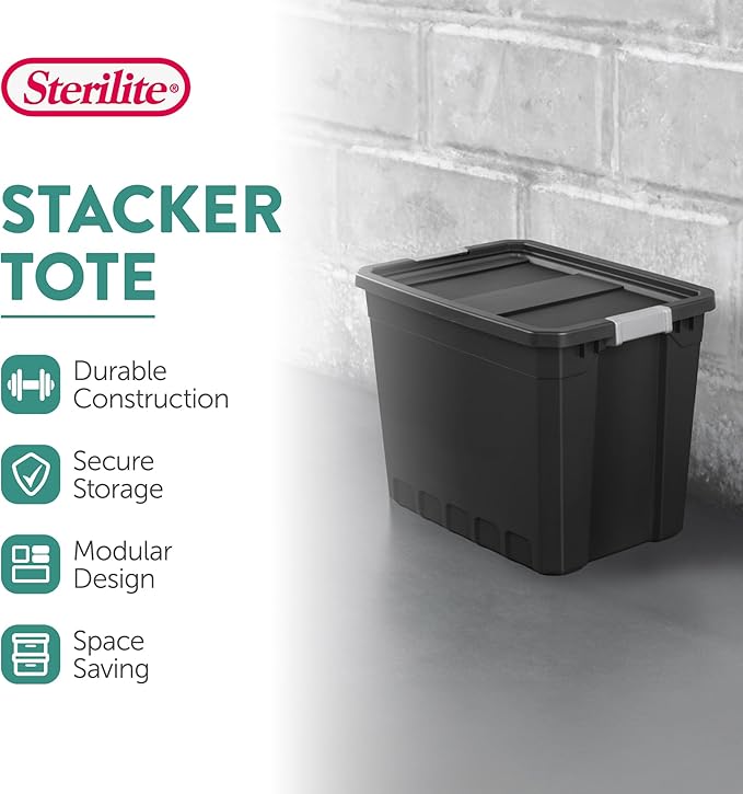 Sterilite 12-Pack Plastic Storage Bins with Lids, Stackable Containers, 27 Gallon, Black