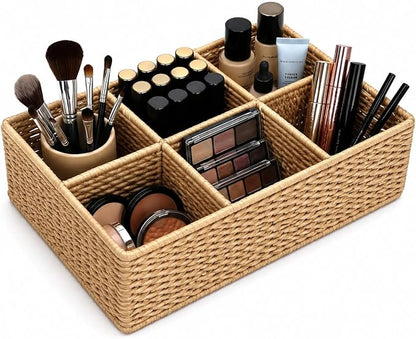 Makeup Organizer, Hand-woven Wicker Basket for Dresser and Bathroom Countertop Organizer, 6 Compartments Makeup Brush Holder Skincare Organizer, Cosmetic Storage for Lipstick Eyeshadow Palette