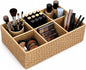 Makeup Organizer, Hand-woven Wicker Basket for Dresser and Bathroom Countertop Organizer, 6 Compartments Makeup Brush Holder Skincare Organizer, Cosmetic Storage for Lipstick Eyeshadow Palette