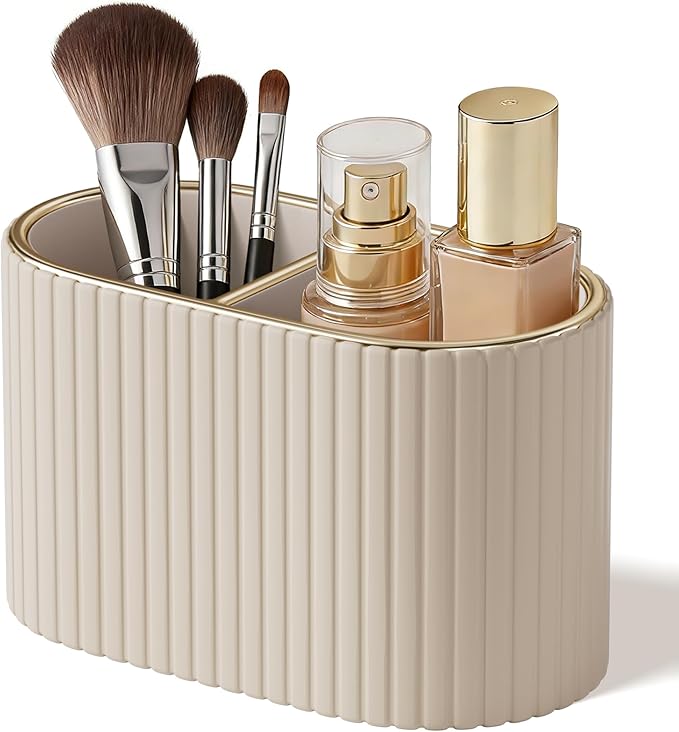 KINGFOM Makeup Brush Holder Organizer with Divider, PU Leather Vanity Brush Holder for Bathroom Countertop & Dressing Table, Cosmetic Desktop Storage Caddy for Makeup Tools Oval, Gift for Women Beige
