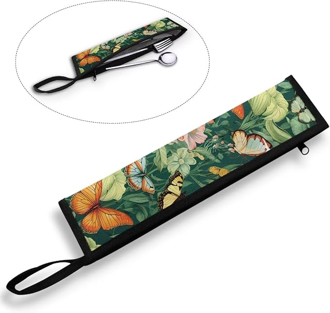 COEQINE Butterfly Utensil Holder Green Portable Fork Spoon Knife Organizer Hawaii Style Work Storage Case With Handles Zipper Chopstick Case Silverware Case With Handles for Travel