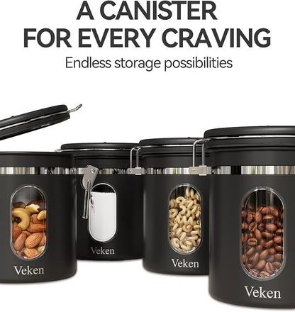 Veken Coffee Canister with Window, Family Choice Awards Winner, Airtight Stainless Steel Home Kitchen Food Storage Container with Lids for Grounds, Beans, Tea, Flour,Cereal,Sugar Jars,Scoop,16OZ,Black