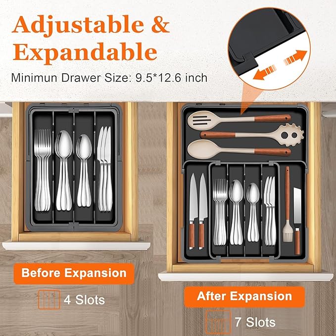 Silverware Organizer Expandable Utensil Drawer Organizer Adjustable Drawer Organizer, Flatware Cutlery Silverware Tray for Spoons Forks Knives Kitchen Organizers Storage (Black)