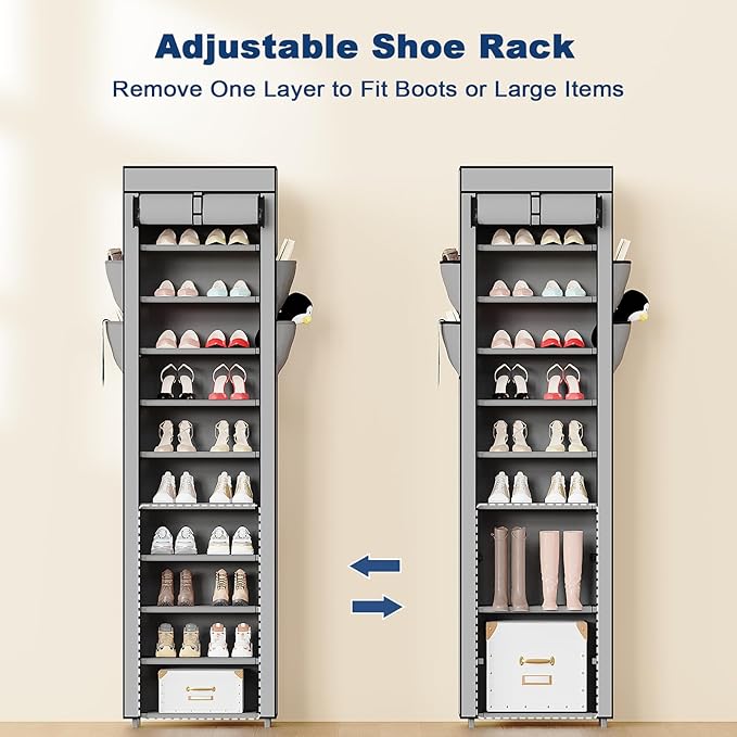 Mavivegue Shoe Rack with Cover, 10 Tier Tall Shoe Organizer for 18-22 Pairs of Shoes, Shoe Storage Organizer for Entryway, Closet, Garage, Grey, S