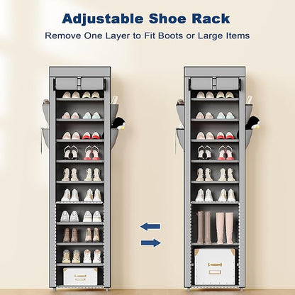 Mavivegue Shoe Rack with Cover, 10 Tier Tall Shoe Organizer for 18-22 Pairs of Shoes, Shoe Storage Organizer for Entryway, Closet, Garage, Grey, S