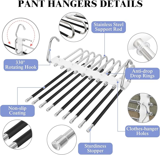 SANLIKE 2 Pack 9 Layers Pants Hangers Space-Saving Stainless Steel Closet Hangers 20pcs Fixed Clips Non-Slip Multi-Functional Pants Rack Two Hanging Modes for Trousers Jeans Leggings Scarf Skirts