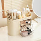 UFORU Makeup Organizer with Pop-Up Brush Holder for Dresser Vanity, Plastic Bathroom Counter Organizer with 3 Drawers & Dust-Proof Cover, Cosmetic Display Case for Lipstick, Skincare, Cream White