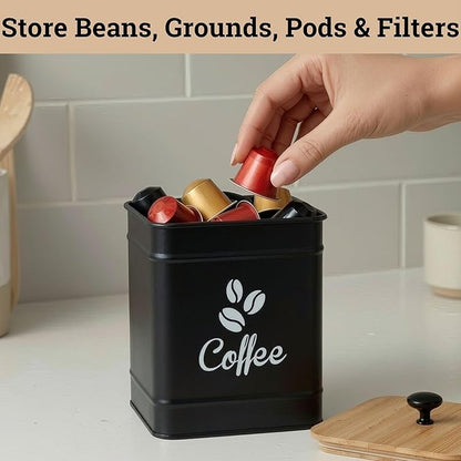 Airtight Coffee Canister - 40 oz Large Iron Black Coffee Container Airtight - 6 x 8 inch Metal Jar - Stylish Countertop Container for Coffee Grounds, Beans, Pods & More with Rubber-Lined Bamboo Lid