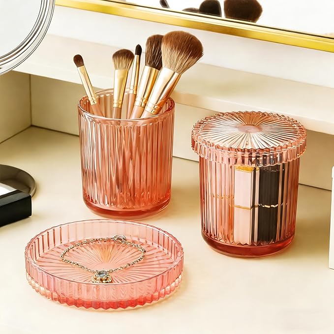 Glass Qtip Dispenser 2 Pack, Clear Bathroom Storage Organizer for Cotton Swabs, Balls, Pads & Floss Picks, Vanity Makeup Essential Accessories (Pink)