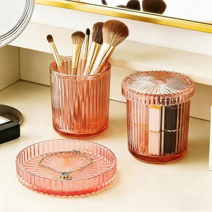 Glass Qtip Dispenser 2 Pack, Clear Bathroom Storage Organizer for Cotton Swabs, Balls, Pads & Floss Picks, Vanity Makeup Essential Accessories (Pink)