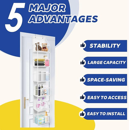 2 Packs Over The Door Organizer - 6-Shelf Hanging Storage Organizer with Clear Plastic Pockets - Large Capacity Pantry Storage Shelf for Bathroom, Bedroom, Nursery (White)