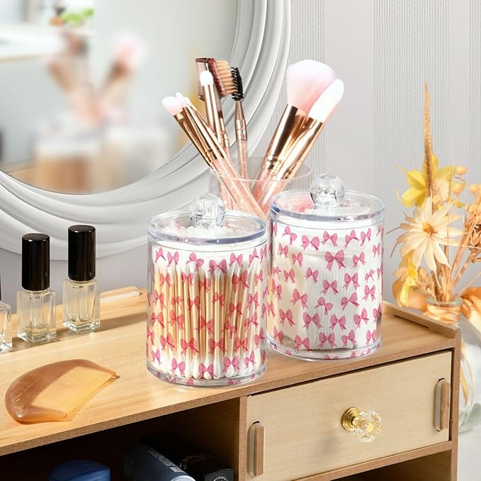 ALAZA 4pcs Cute Bow White Qtip Holder Dispenser 14 oz Bathroom Storage Clear Apothecary Jars Containers Cotton Ball,Cotton Rounds,Floss Picks, Hair Clips, Food