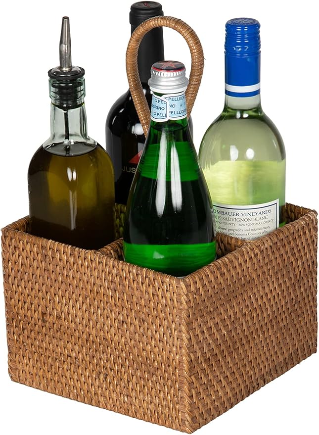 KOUBOO Laguna Rattan Bottle Caddy Storage Box for Kitchen with 4 Compartments, Home Organizer | Wicker Basket, Crate for Display, Bathroom, Farmhouse Decor, Vintage Style, Honey Brown